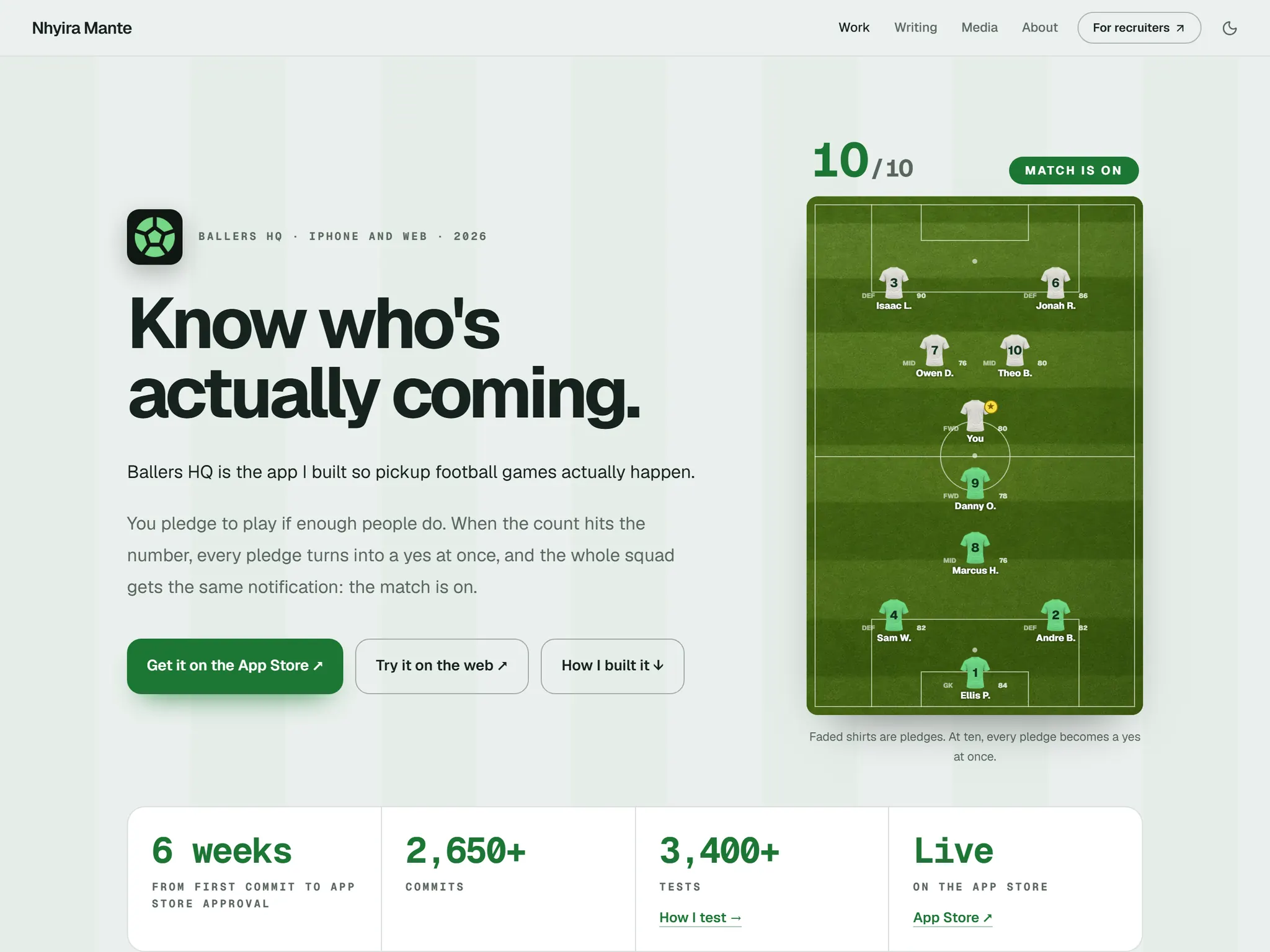 The Ballers HQ deep dive: Know who's actually coming, the pitch filling to 10 of 10, and 6 weeks, 2,650+ commits, 3,400+ tests